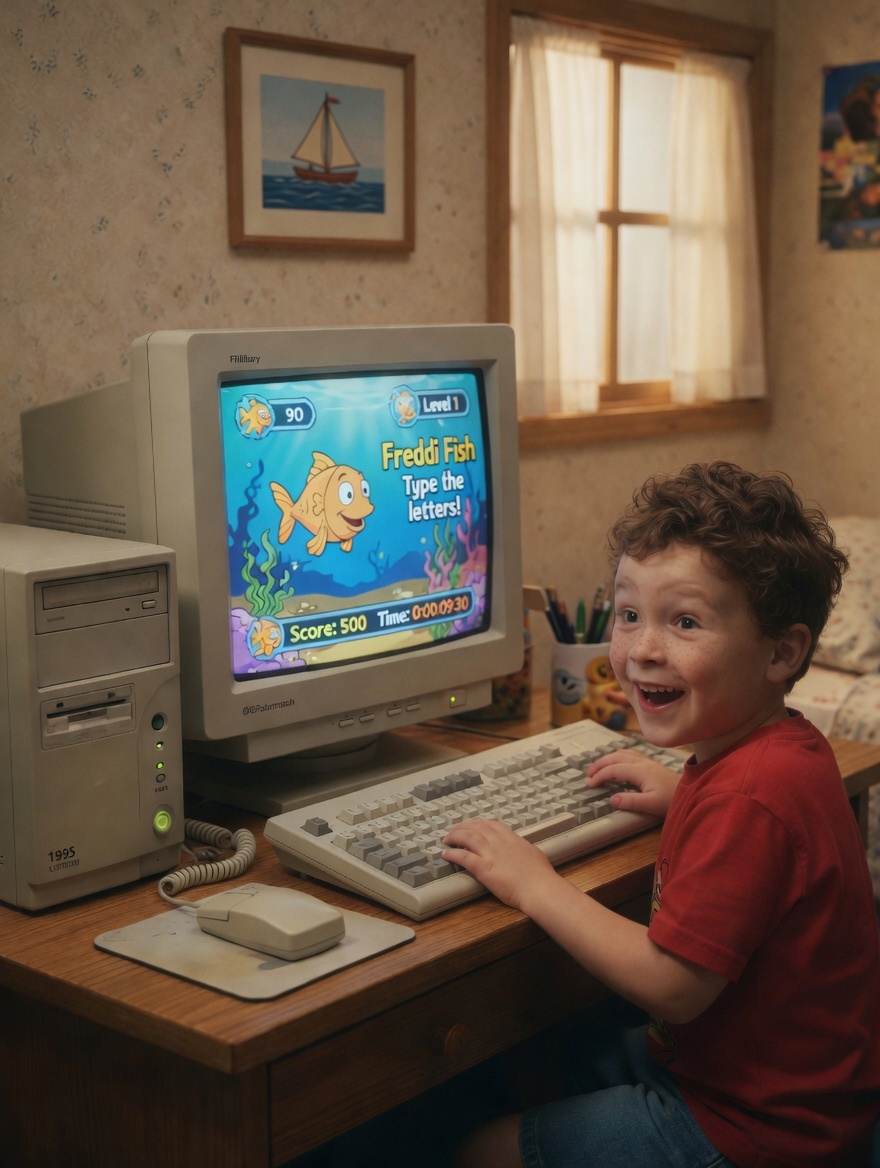 Young Andrew Finney at his first PC in 1995, the moment it all began