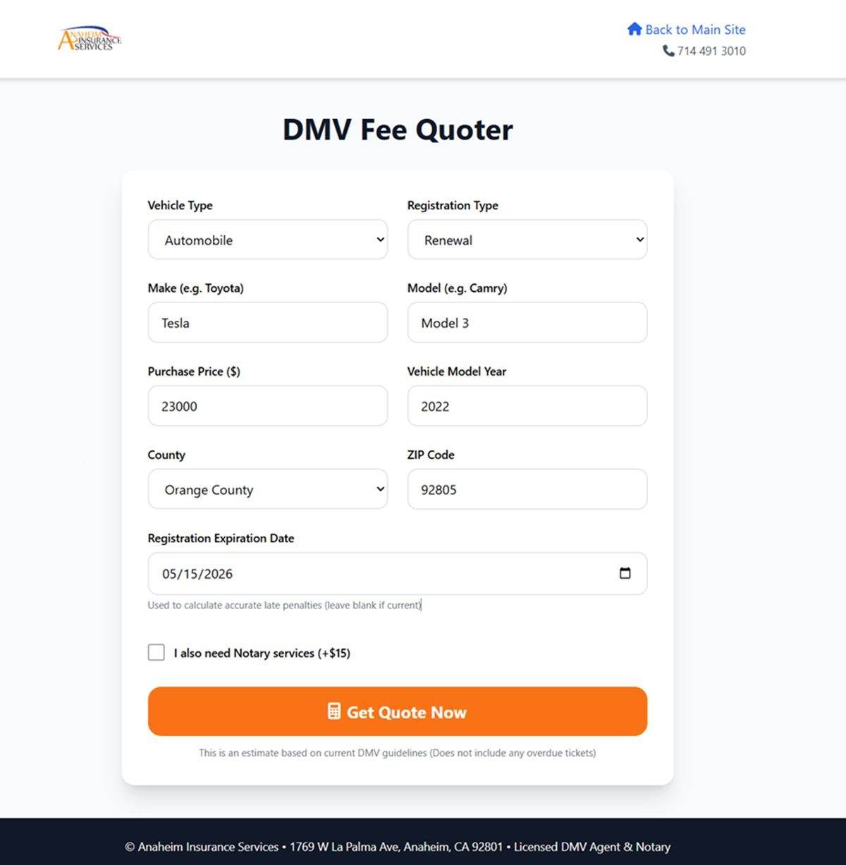 DMV Fee Quoter - Input Form