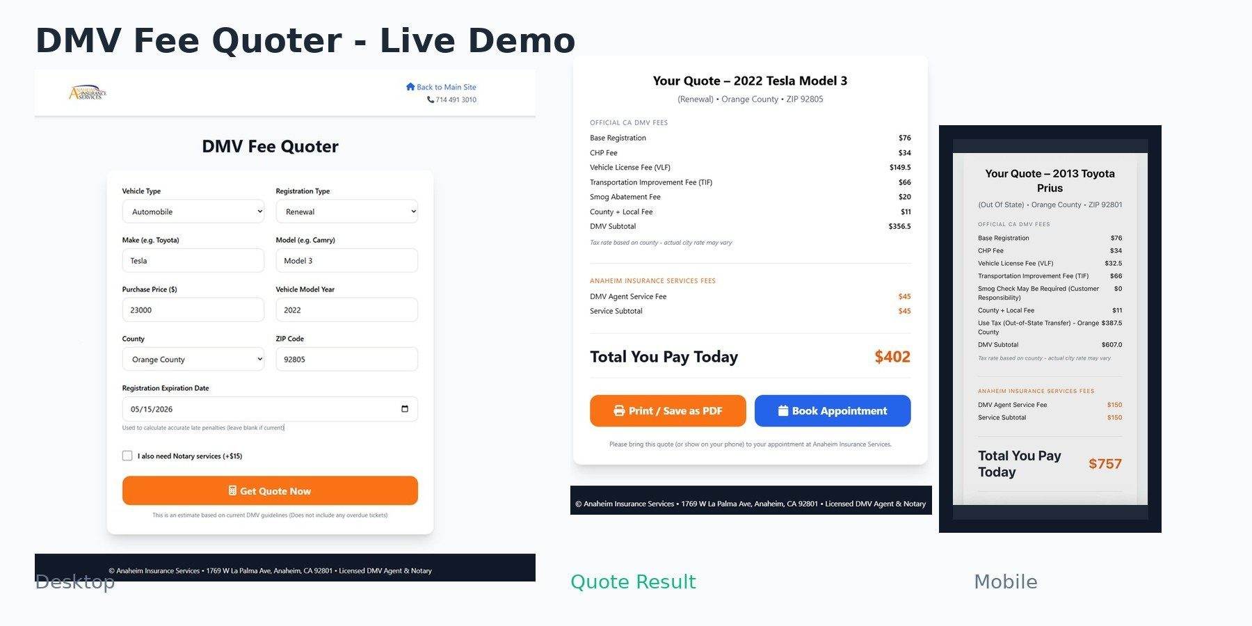 DMV Fee Quoter - Live Demo (Desktop + Mobile)