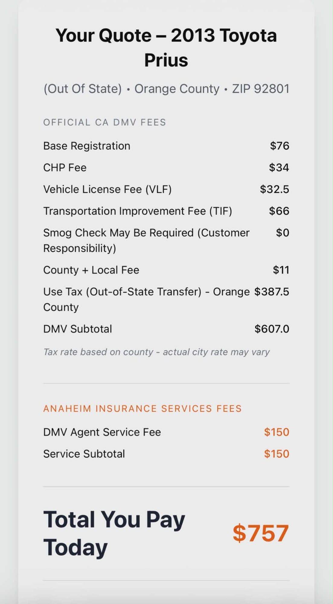DMV Fee Quoter - Mobile View