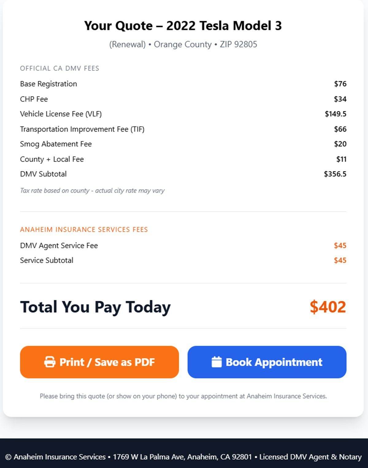 DMV Fee Quoter - Quote Result