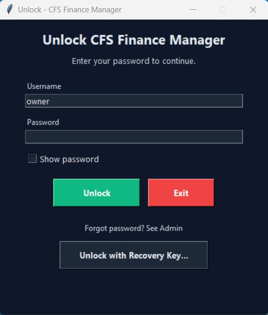 Unlock dialog with username, password, show password, and Unlock with Recovery Key.