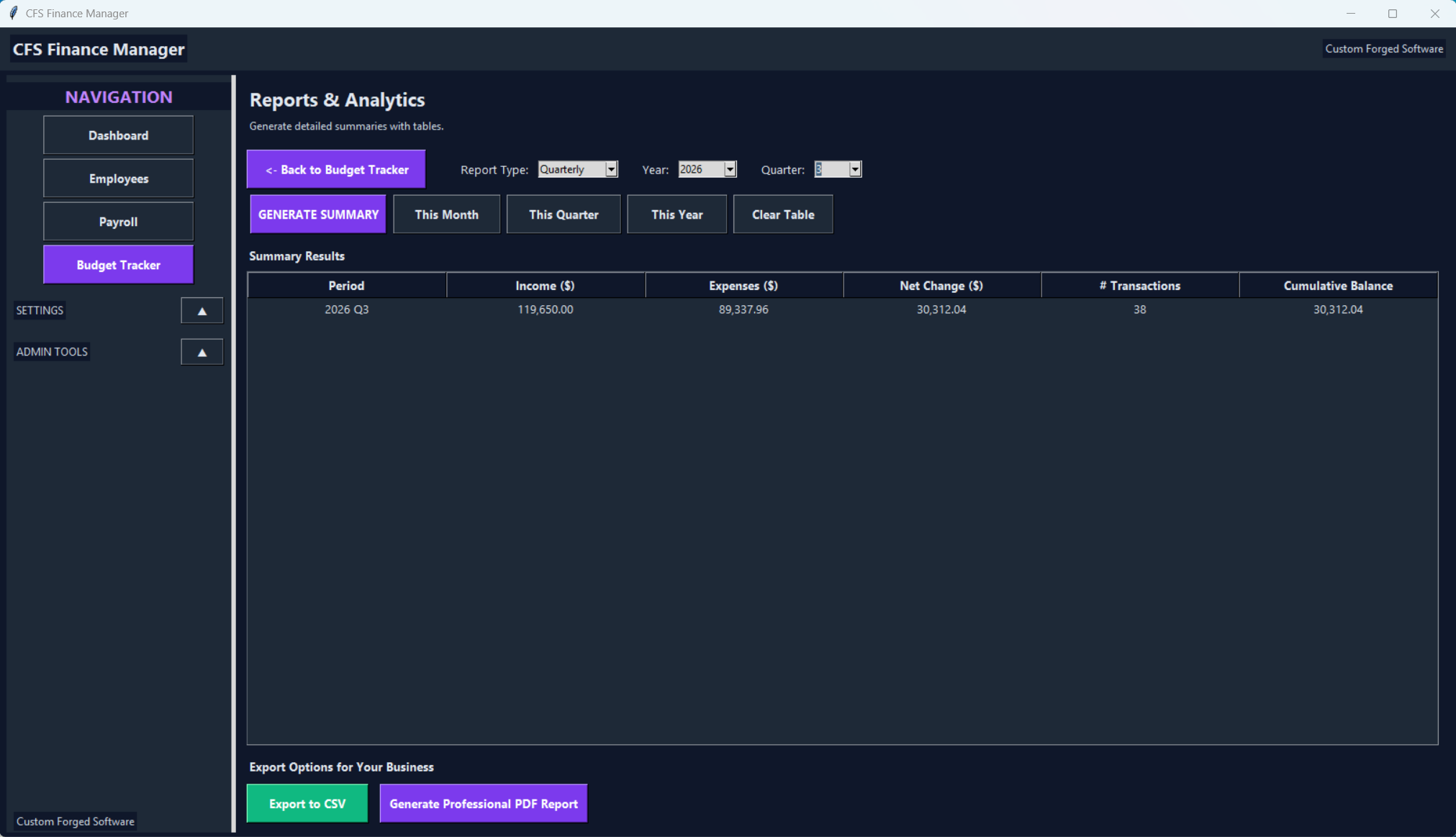 Budget reports view with a 2026 Q3 summary and CSV and PDF export buttons.