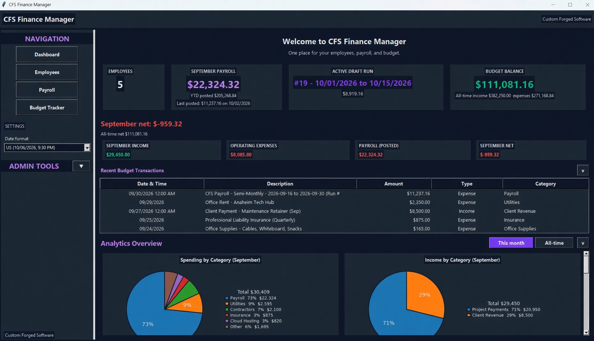 Settings open on the dashboard, Date format set to US, Admin Tools closed.